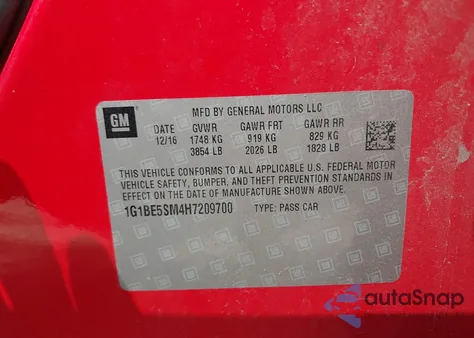 2017 Chevrolet Cruze Lt Auto из США, поврежденный, VIN 1G1BE5SM4H7209700